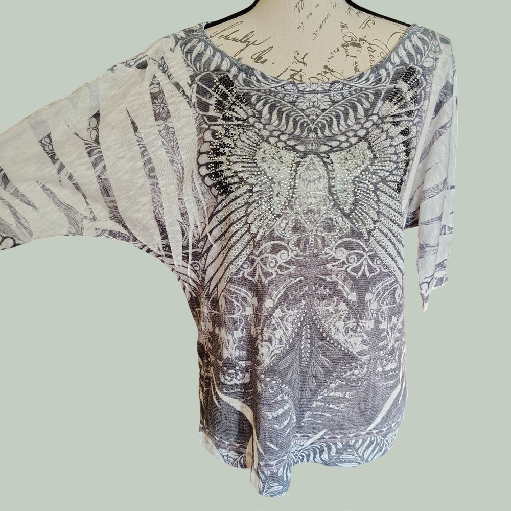 Y2K Rhinestone Embellished Butterfly Graphic Top L Burnout Sheer Fairy Grunge